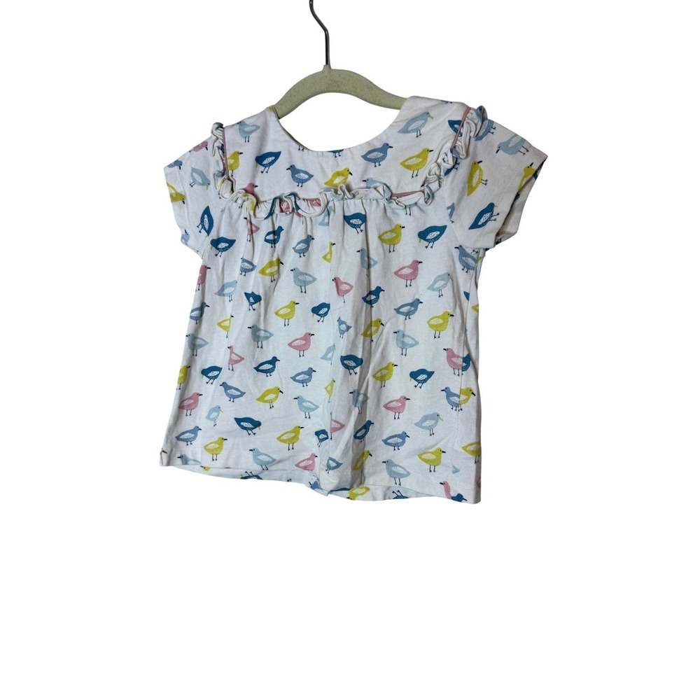 Baby Boden Shirt Girls 3-4T White Bird Print Ruffle Short Sleeve Cotton Top